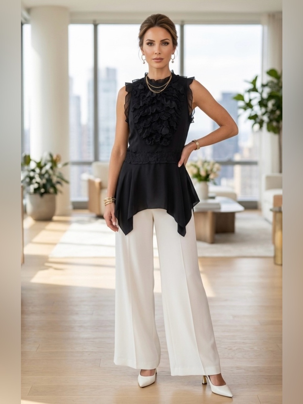 BCBGMAXAZRIA 100% Silk Ruffle Eyelet Top - Black Asymmetric Handkerchief Hem